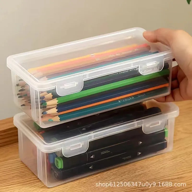 Transparent plastic stationery storage box for pencils, crayons, and art supplies