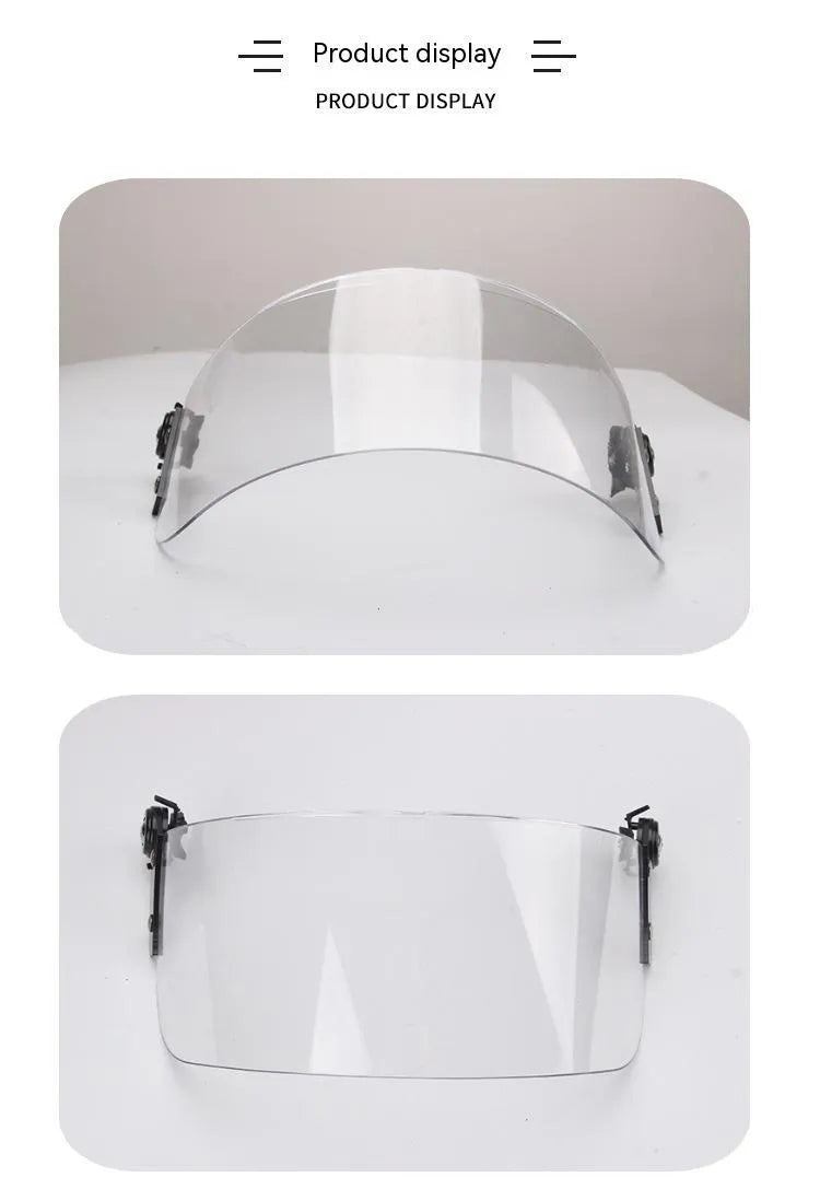Transparent polycarbonate helmet face shield with semi-rimless frame, shown from front.
