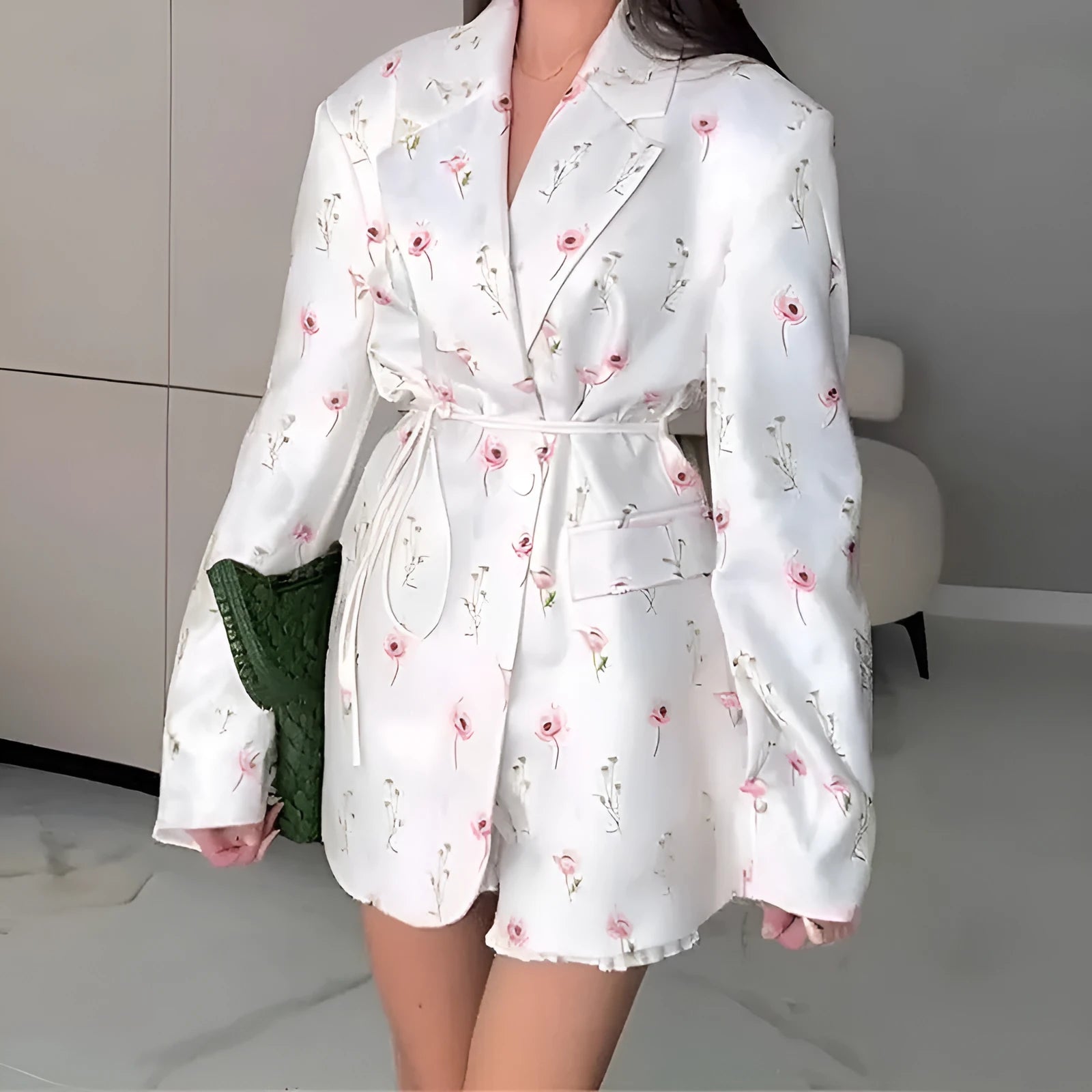 Collar lace-up waist-tight suit jacket in polyester fabric with long sleeves, showing cinched silhouette