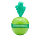 Blue and green durable rubber treat dispensing dog ball for medium and large dogs