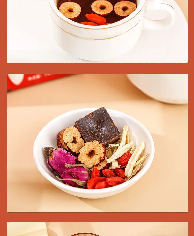 Box of Yuantang brown sugar ginger and red date herbal tea bags, 150g net weight.