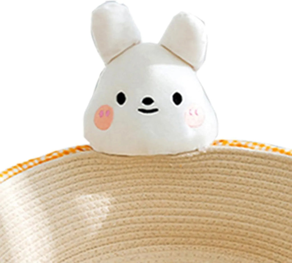 Woven cotton rope cat bed basket with scratching board in rabbit pattern design