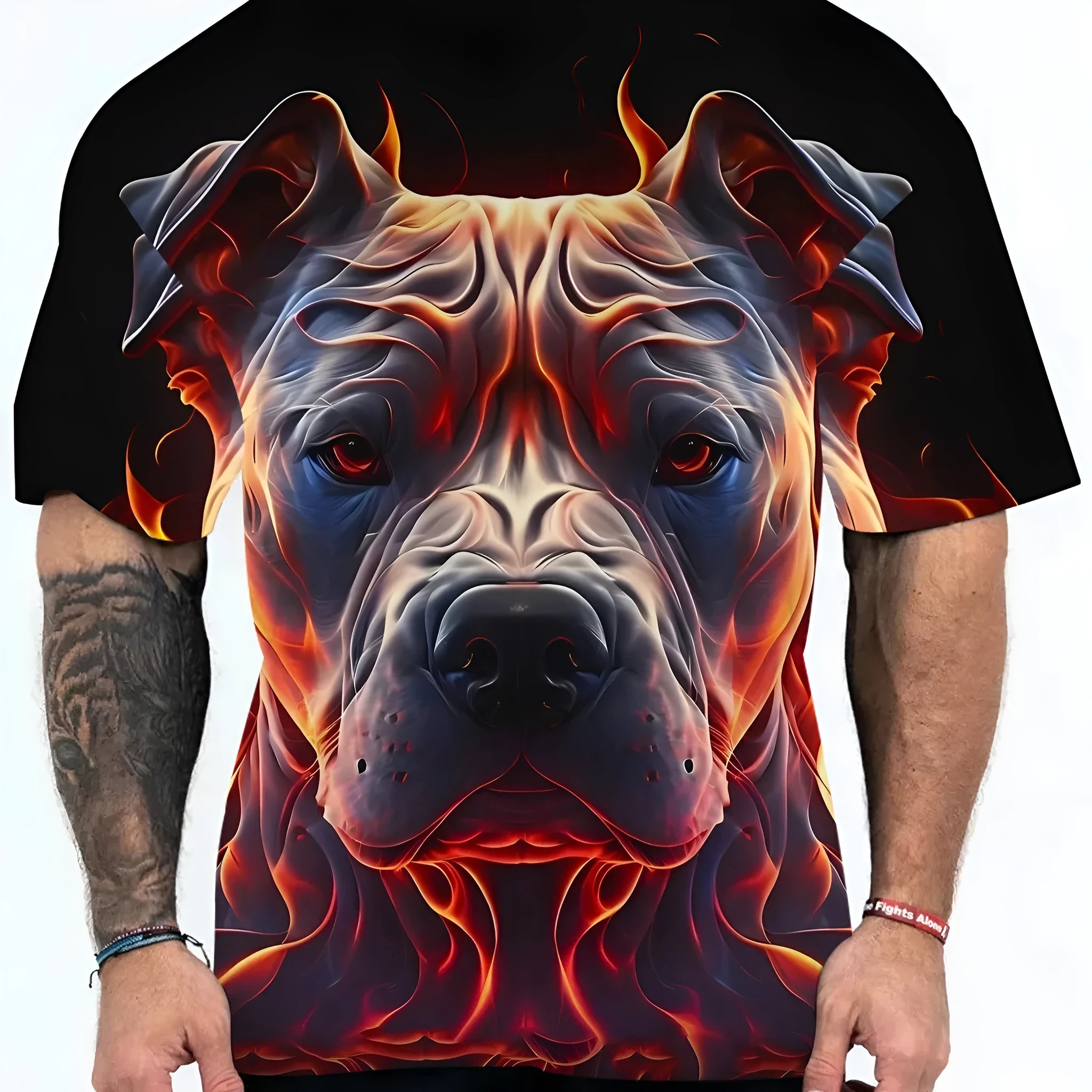 3D digital printed camouflage pattern T-shirt with a dog head animal design on a short sleeve pullover.