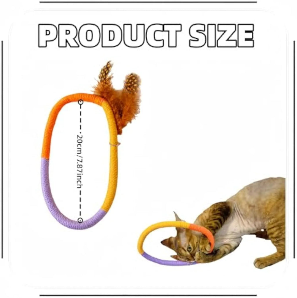 Green and purple cotton rope cat toys with feathers and catnip for interactive feline play
