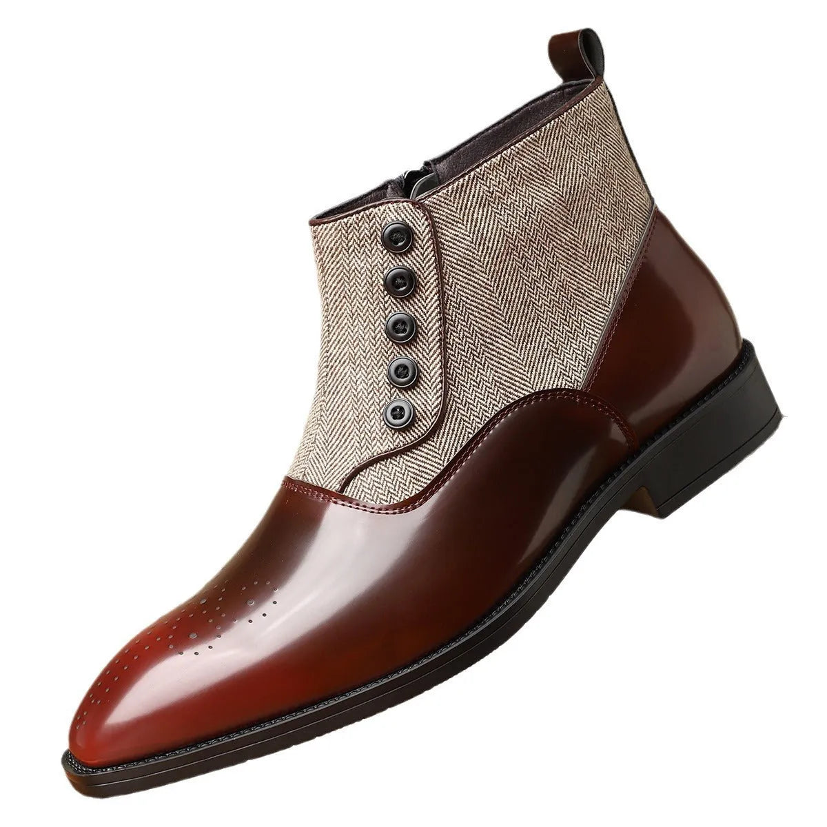 Men's brown retro formal shoes with side zip, square toe, and square low heel on a rubber sole.