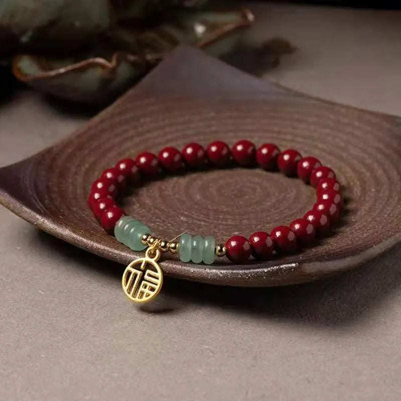Women's wave-shaped cinnabar and copper bracelet in national style design