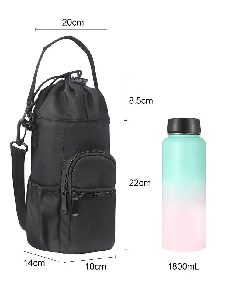 Cloth crossbody water bottle shoulder pouch in black, green, or pink.