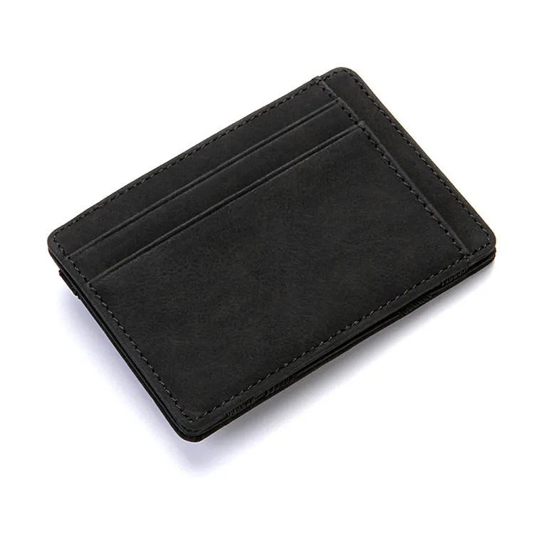 Black PU leather magic flip wallet with a zipper coin purse and sewing line detail.