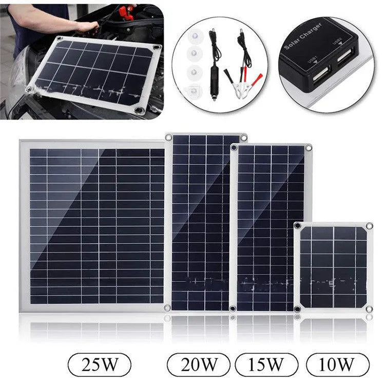 Polycrystalline silicon solar panel with dual USB ports for outdoor charging of mobile phones and tablets.