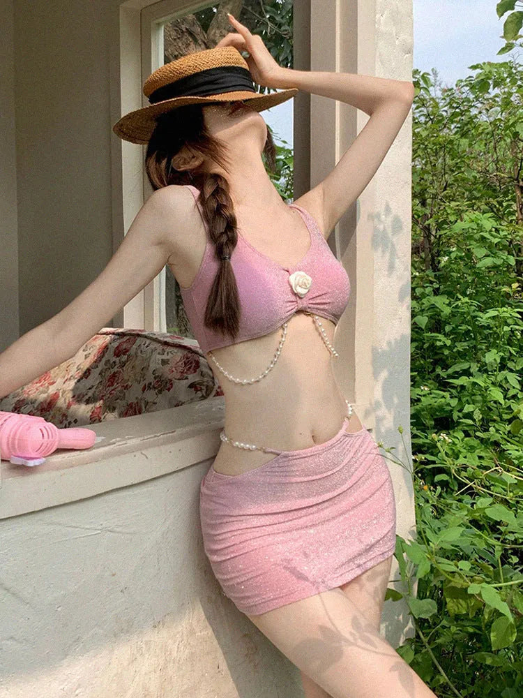 Pink and black three-piece polyester bikini set with briefs styling for swimming