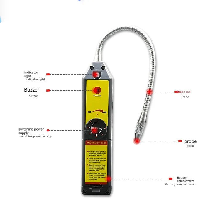 WJL-6000 handheld halogen leak detector with extended 20cm probe for automotive refrigerant system testing.