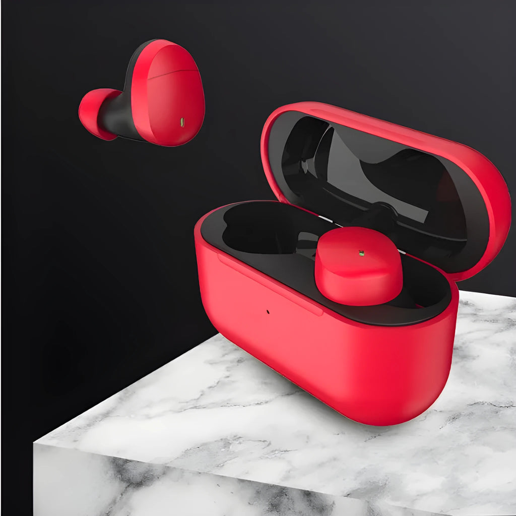 Flame red Qualcomm Bluetooth 5.2 headset with earplug design and charging cable