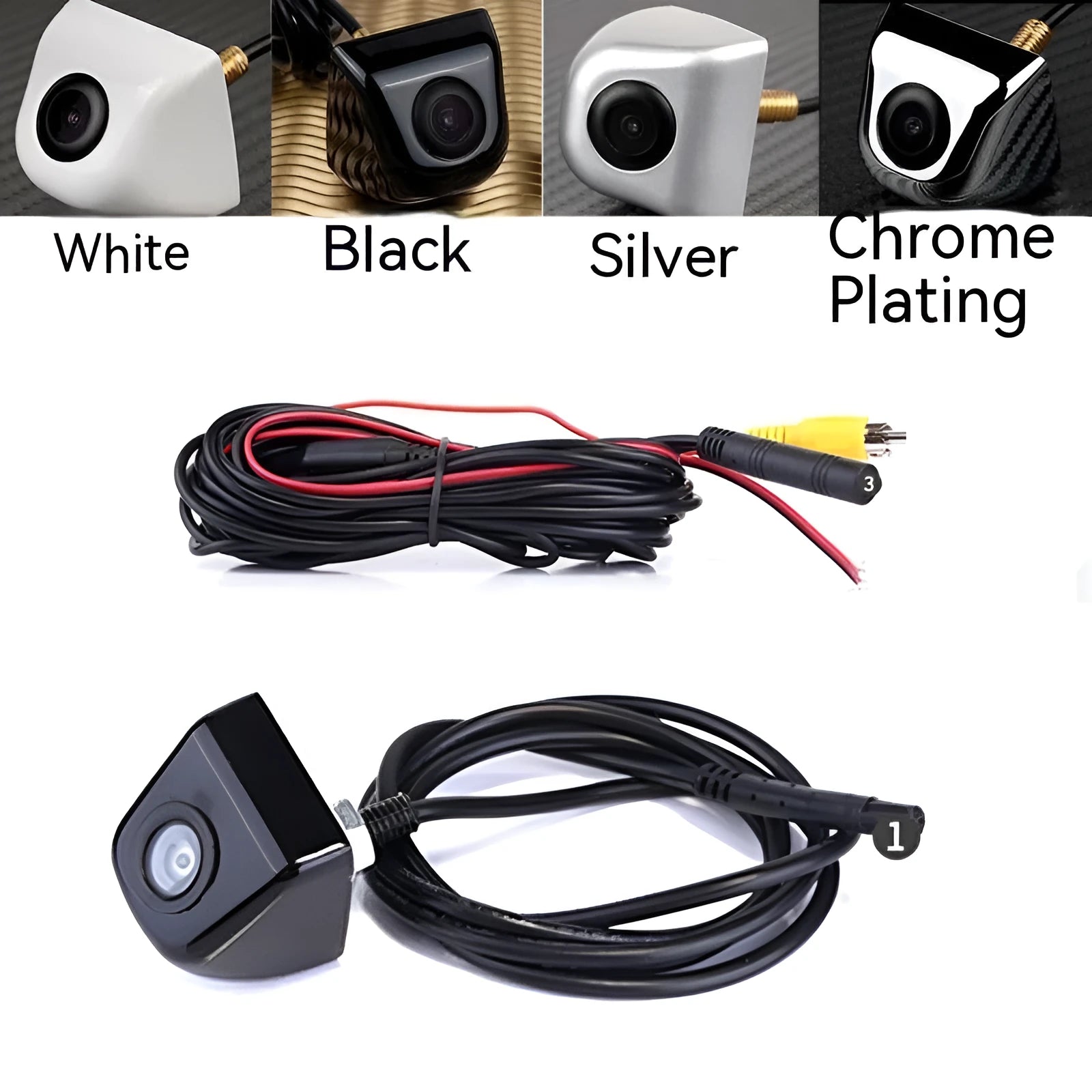 Black metal housing car rearview camera with integrated cable for vehicle installation