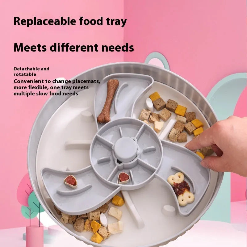 Pet slow feeder bowl with silicone licking mat in rotating game board design