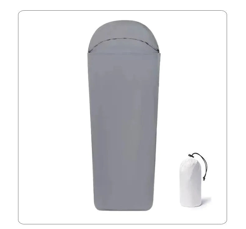 Blue mummy-type nylon camping sleeping bag for adults showing portable design