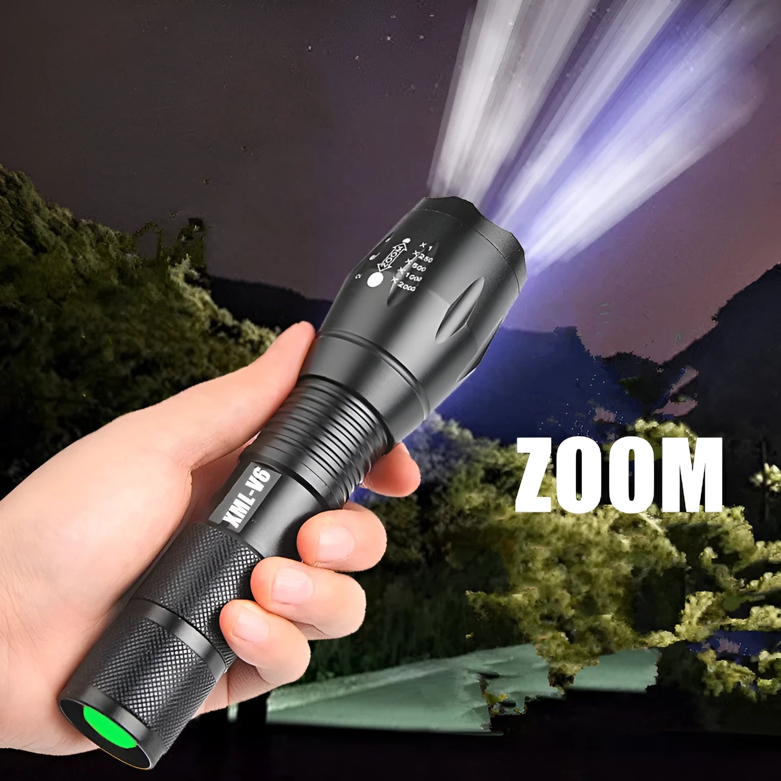Black aluminium alloy LED zoom flashlight with adjustable focus ring and antiskid texture.