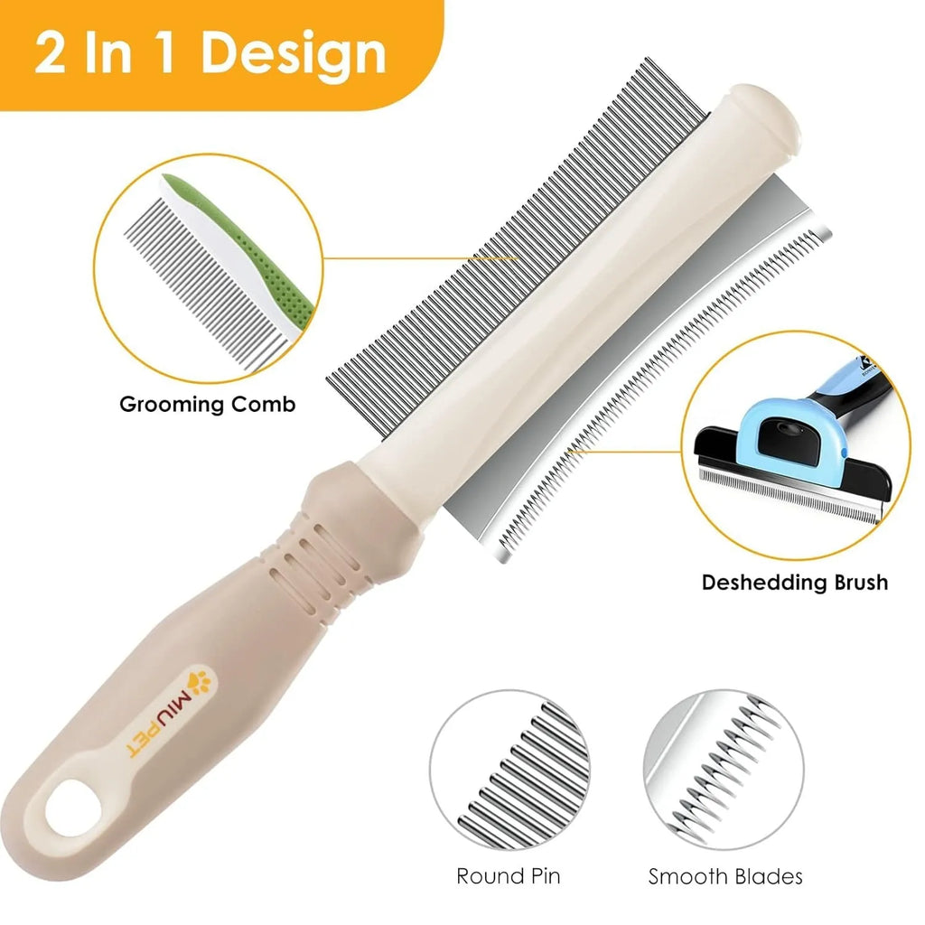 White double-sided dog and cat grooming brush with comb and deshedding blade, showing comfort-grip handle.