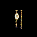 Geometric stainless steel drop earrings showing eight awn star, eye, and shell sun designs