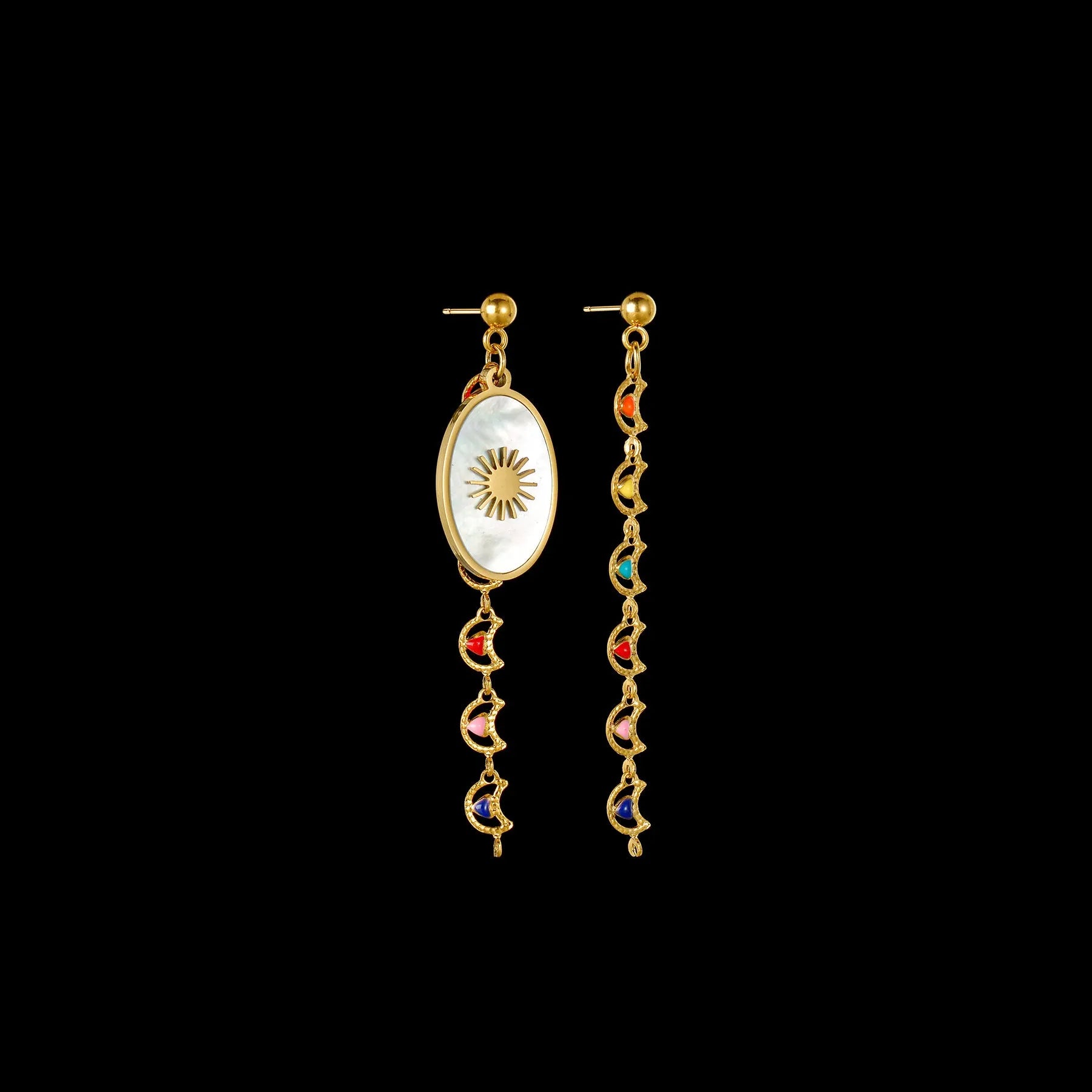 Geometric stainless steel drop earrings showing eight awn star, eye, and shell sun designs