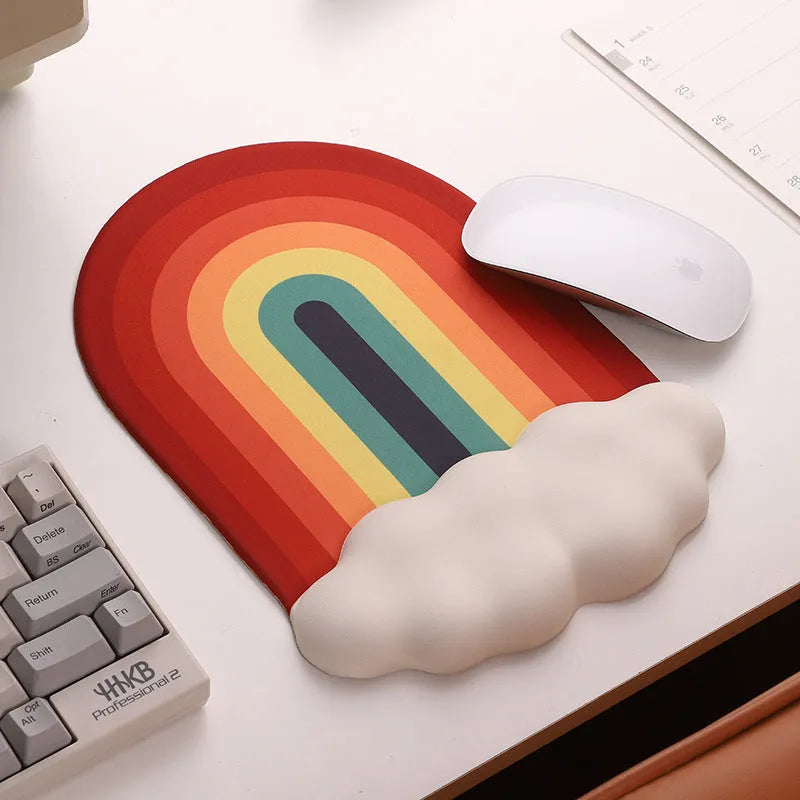 Silicone wrist rest mouse pad and matching keyboard support with cloud pattern design on desk