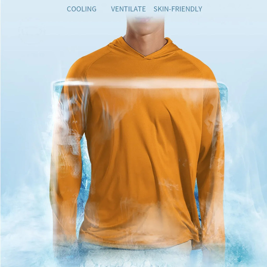 Man wearing a thin grey long sleeve hooded outdoor top for UV protection during fishing or hiking.