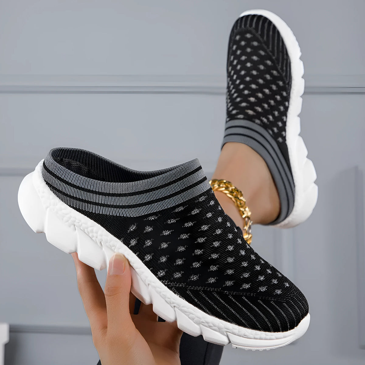 Women's striped Flyknit slipper shoes with hollowed-out design in black, pink, and purple colour options