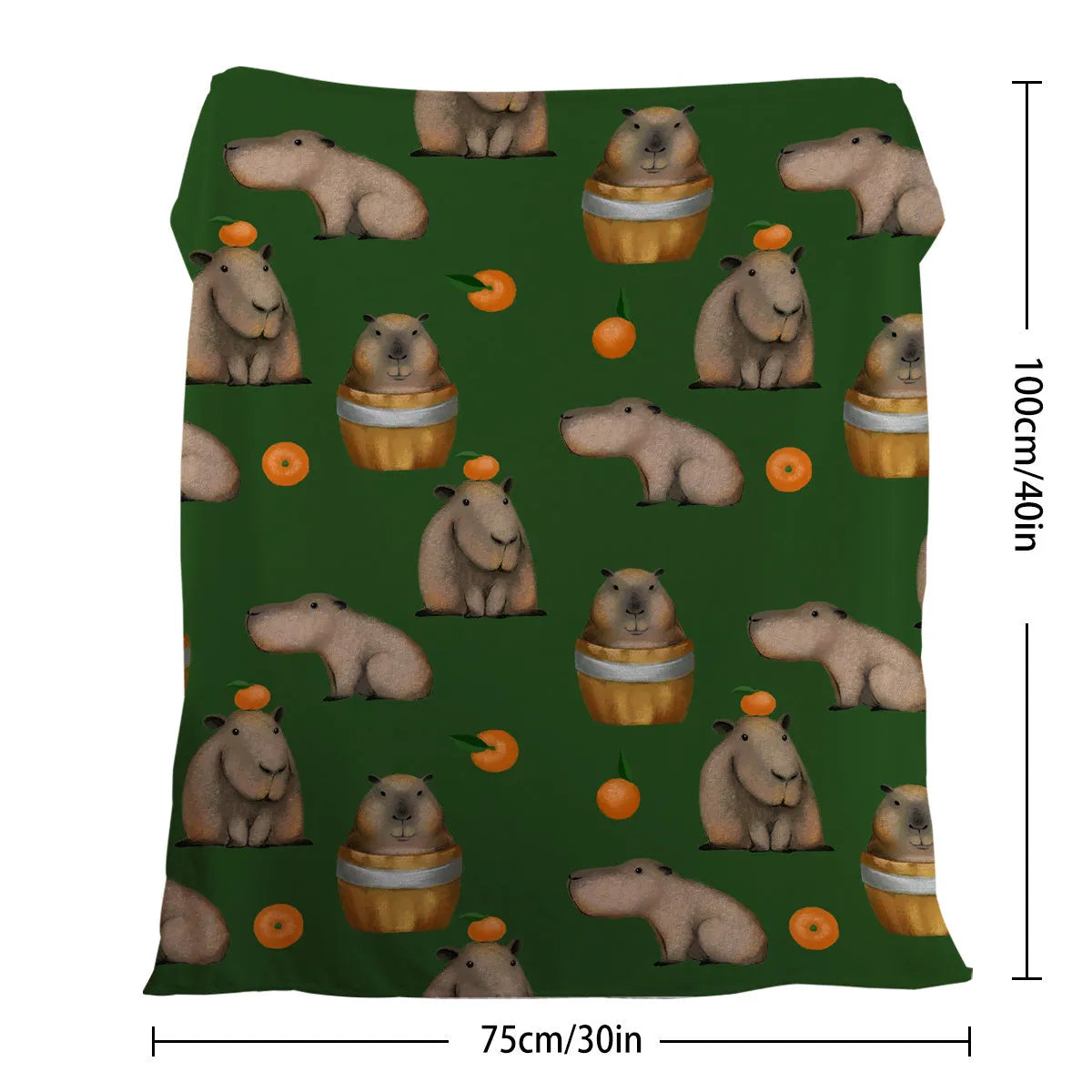 Flannel fleece blanket with orange capybara print, soft fluffy throw in three sizes with hemmed edges.