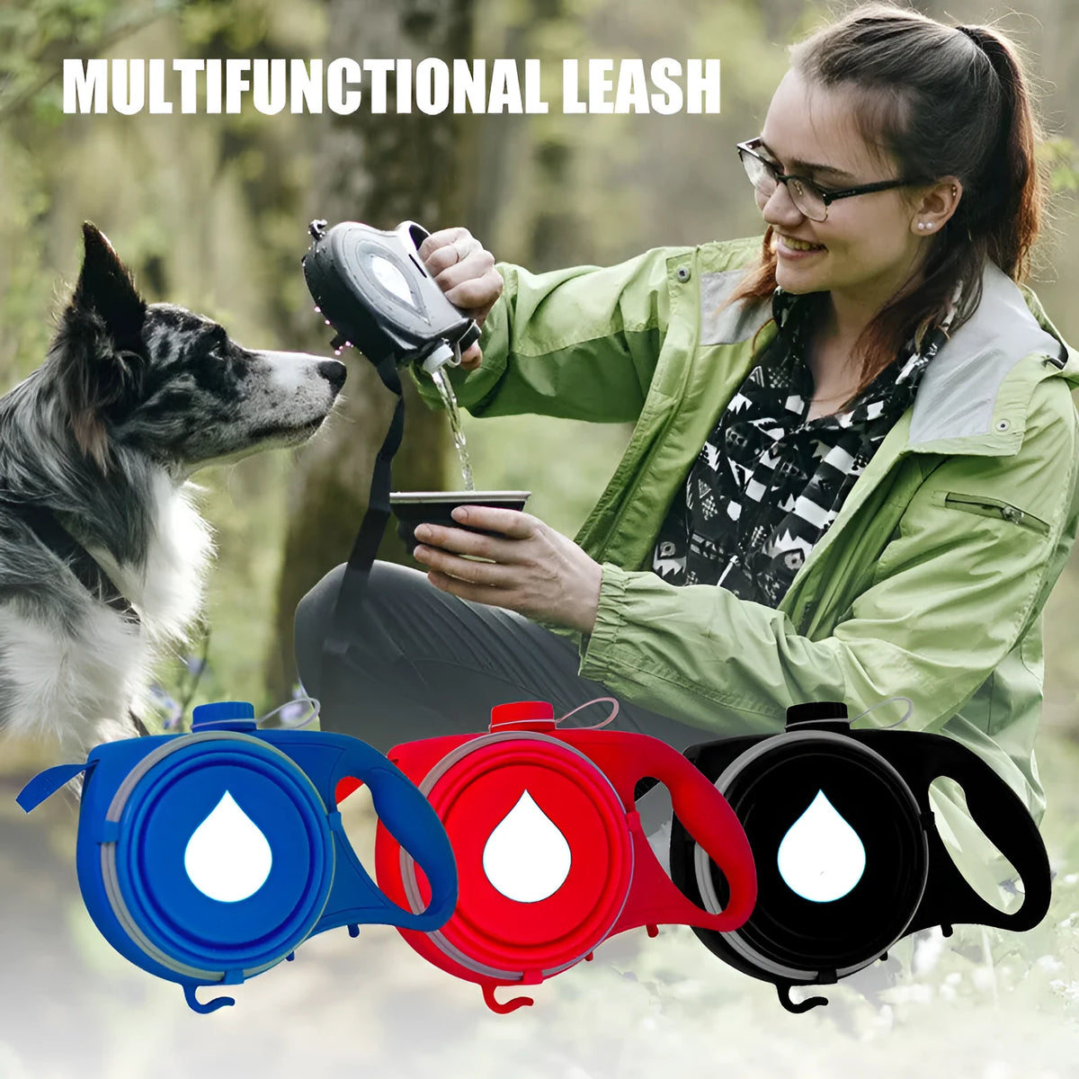 Retractable dog lead with built-in water bottle in blue, black or red, made from ABS with automatic telescopic rope