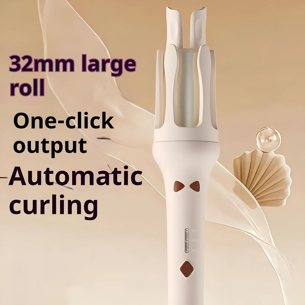 Automatic hair curler with 32mm barrel in white and purple colour scheme with wired power cord
