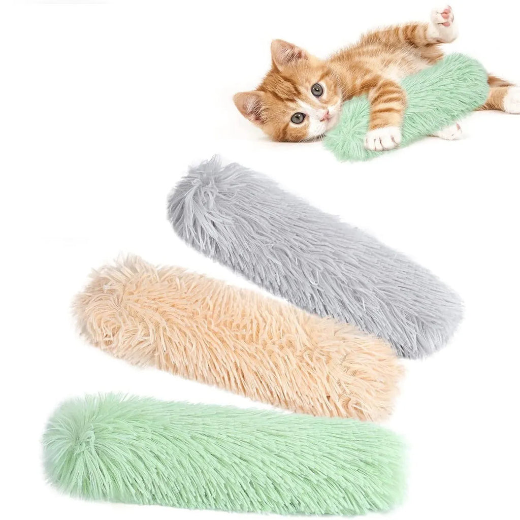 Blue plush cat toy pillow measuring 27 by 10 centimetres