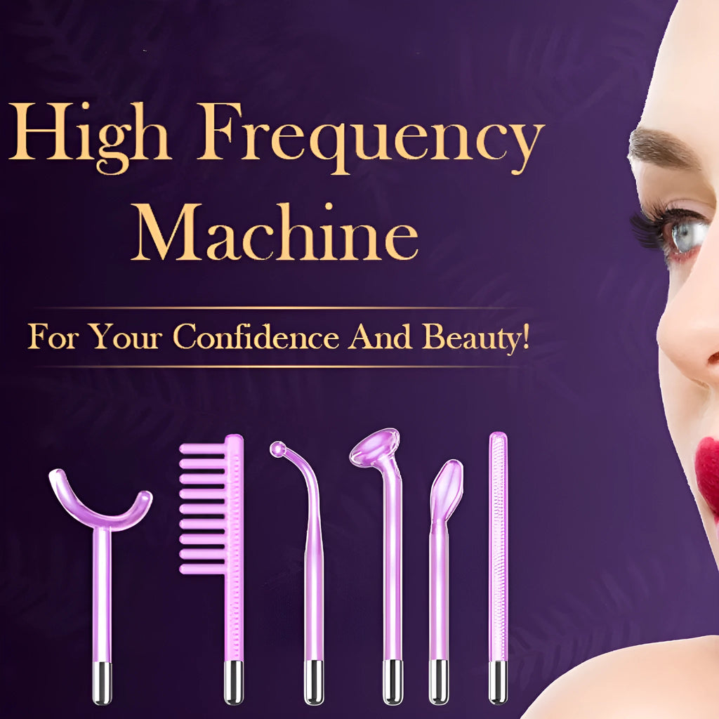 Purple household high wave electrotherapy rod beauty appliance with six accessory heads for wrinkle removal