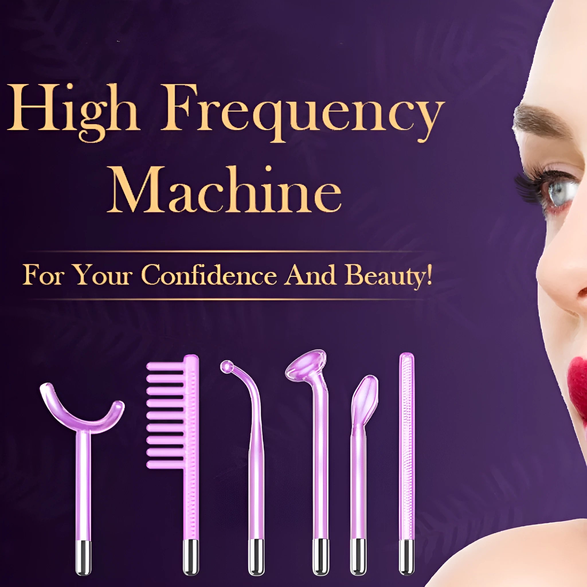 Purple household high wave electrotherapy rod beauty appliance with six accessory heads for wrinkle removal