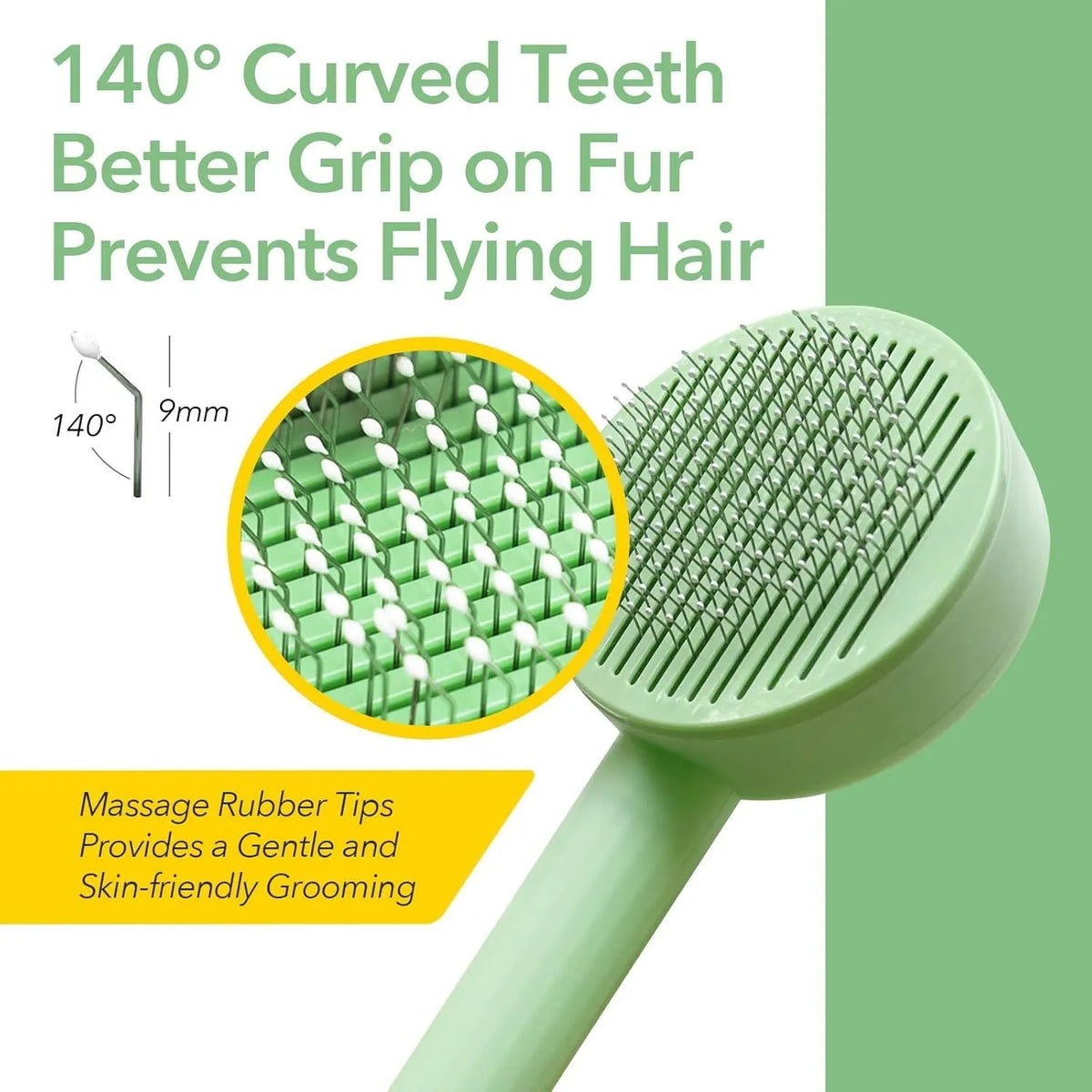 Green and yellow 2-in-1 pet grooming brush with stainless steel teeth for deshedding cats and dogs