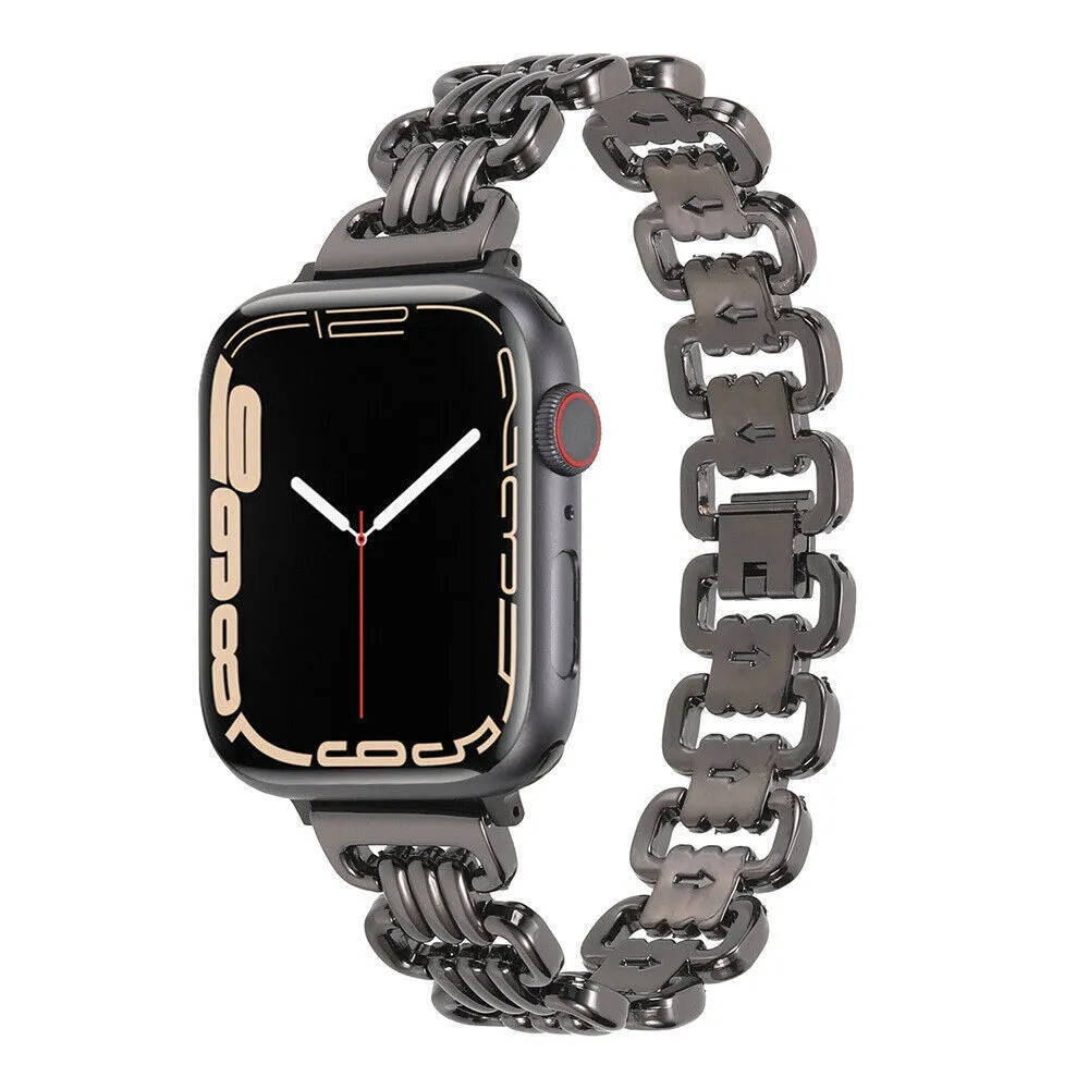 Alloy metal Apple Watch strap in silver, black, gold, rose gold, and Starlight colours on a watch case.