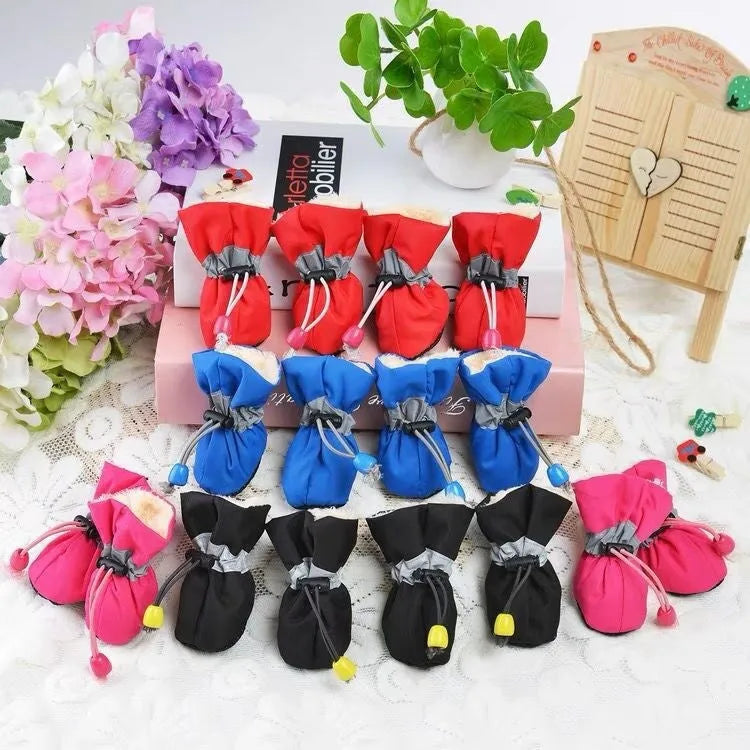 Cloth dog shoes with soft soles in multiple colours showing non-slip design and fleece lining option