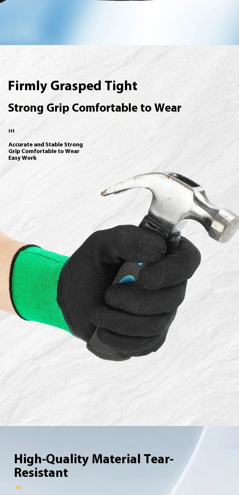 Black and green rubber work gloves, M size, showing textured palm for non-slip grip.