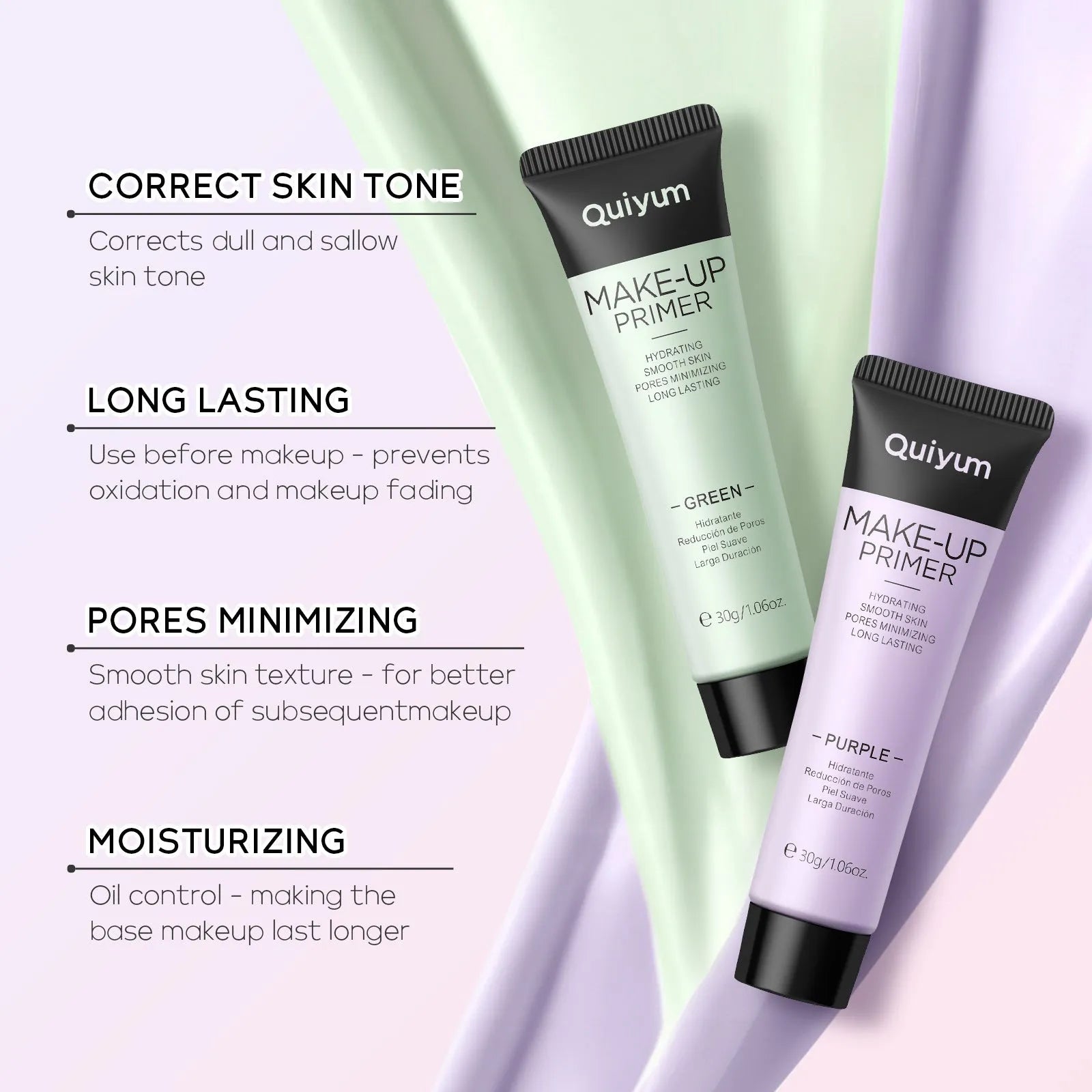 30g colour correcting makeup primer in purple pink green shades with moisturising base cream formula