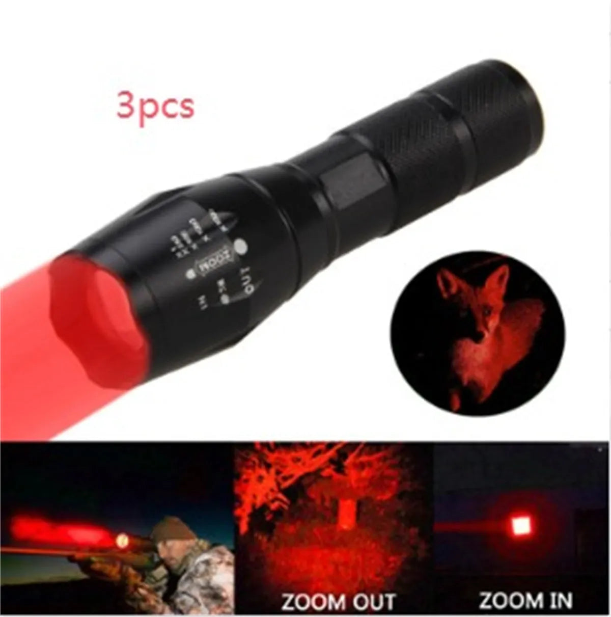 Black aluminium alloy LED zoom flashlight with adjustable focus ring and antiskid texture.