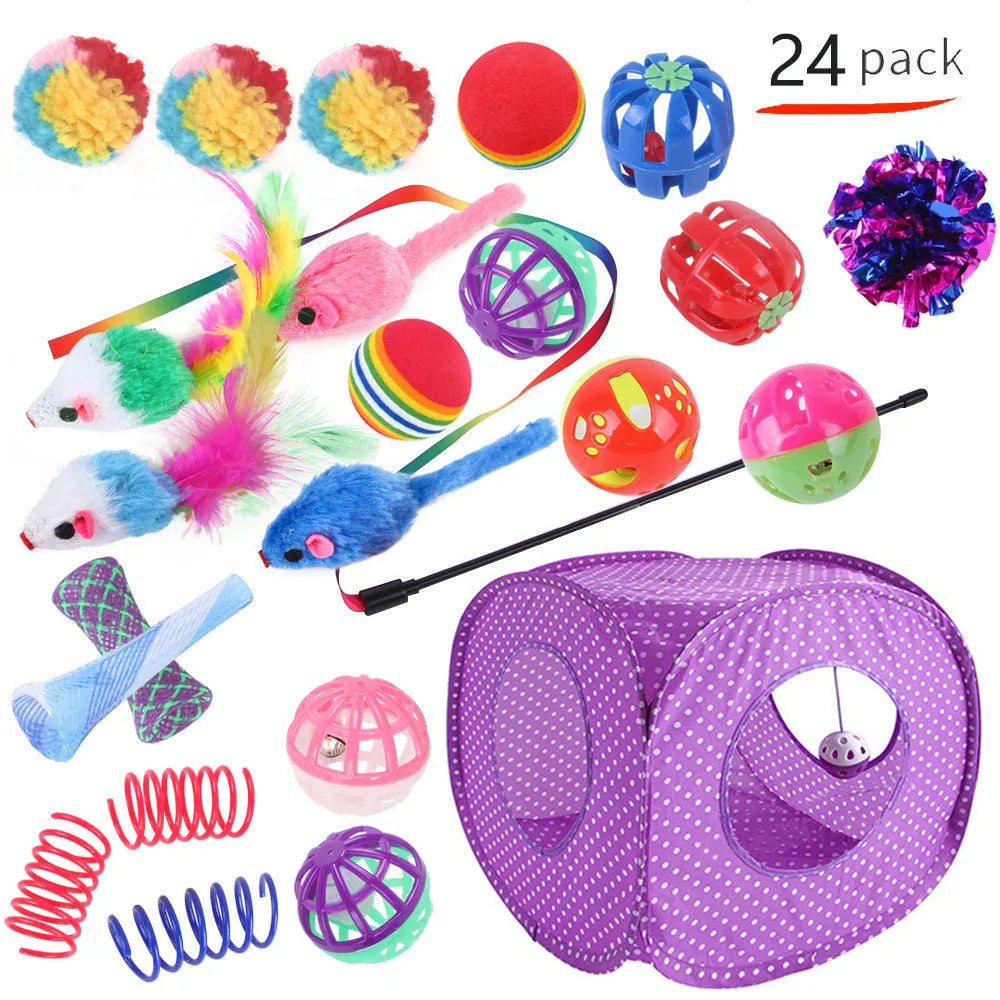 Plastic cat toy set with interactive tunnel and colourful accessories for indoor feline play