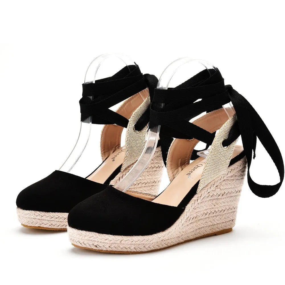 Women's apricot bohemian wedge sandals with bead decoration, buckle strap, and a platform sole.
