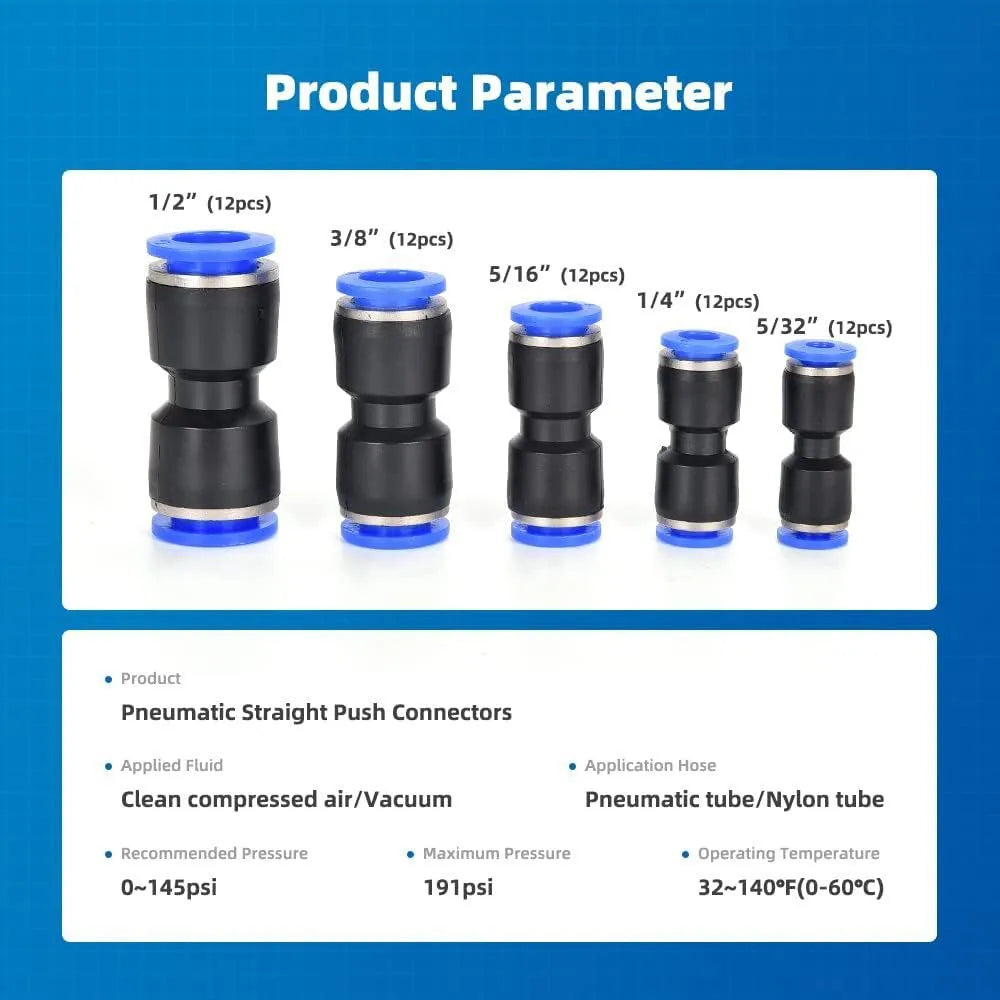 60-piece pneumatic connector kit with push-in fittings in R1/4 and R1/2 thread sizes
