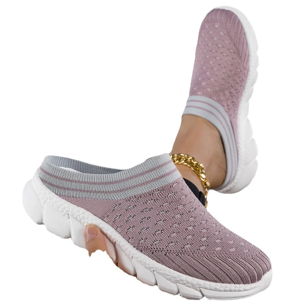 Women's striped Flyknit slipper shoes with hollowed-out design in black, pink, and purple colour options