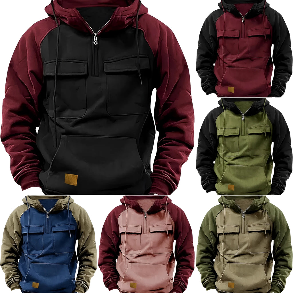 Men's retro cargo hoodie half zip fleece sweatshirt with multi pockets in solid colour