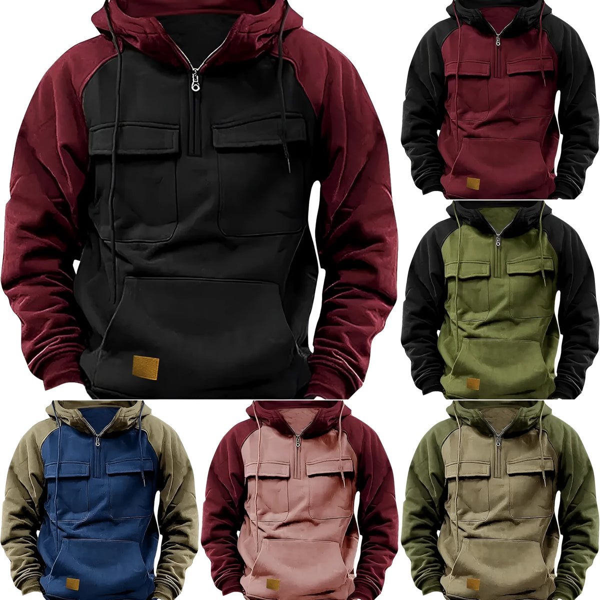 Men's retro cargo hoodie half zip fleece sweatshirt with multi pockets in solid colour