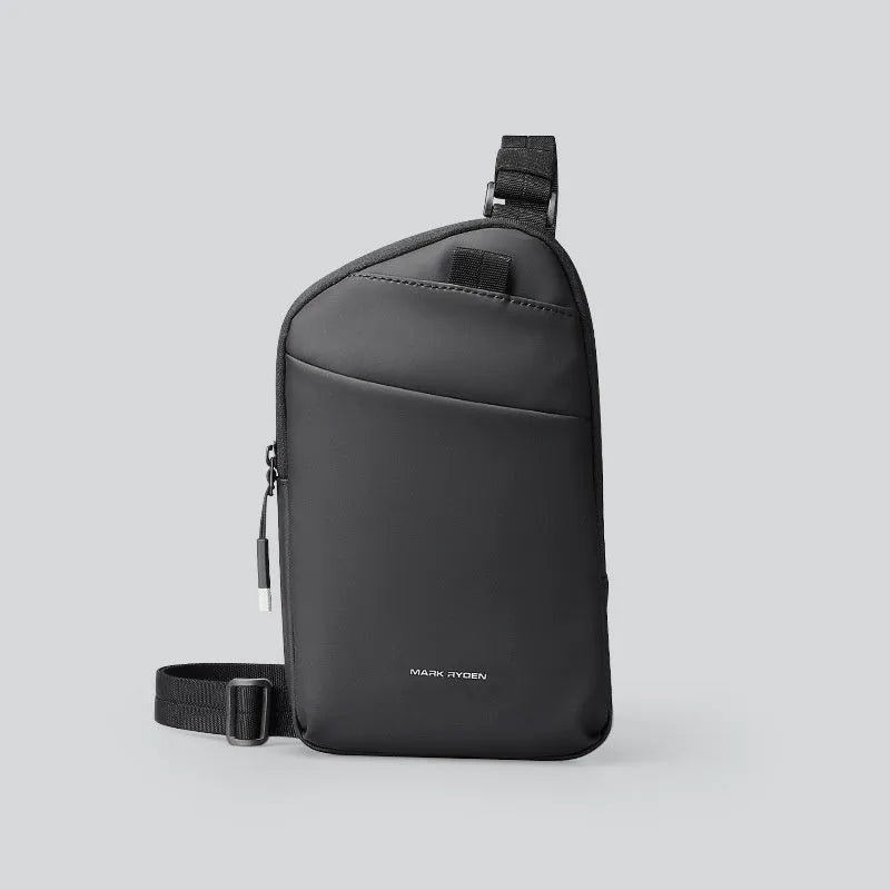 Men's black Oxford cloth crossbody bag with simple design showing sewing thread detailing and wear-resistant construction