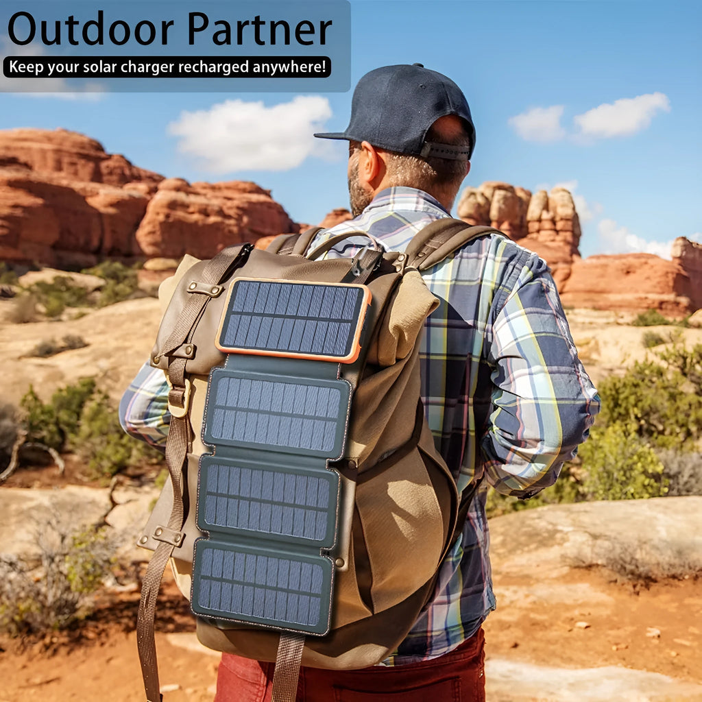 Outdoor solar power bank in black with solar panel, LED light, and soft leather exterior.