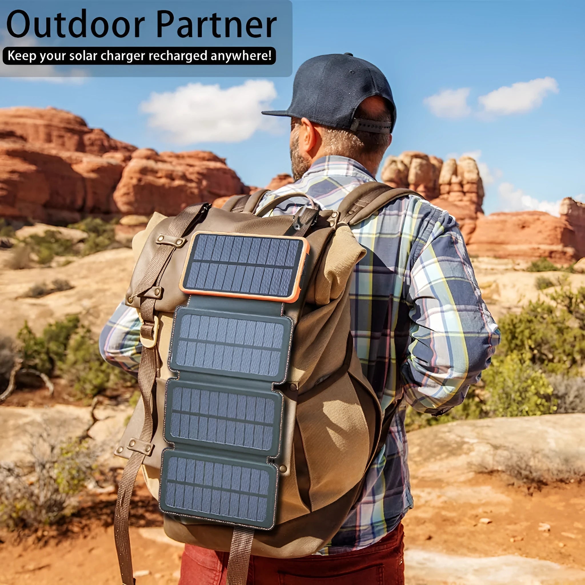 Outdoor solar power bank in black with solar panel, LED light, and soft leather exterior.