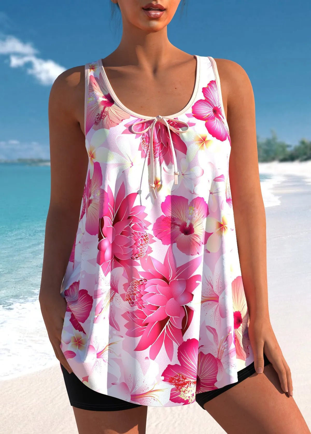 Plus size pink printed tankini swimsuit with backless top and high waist briefs