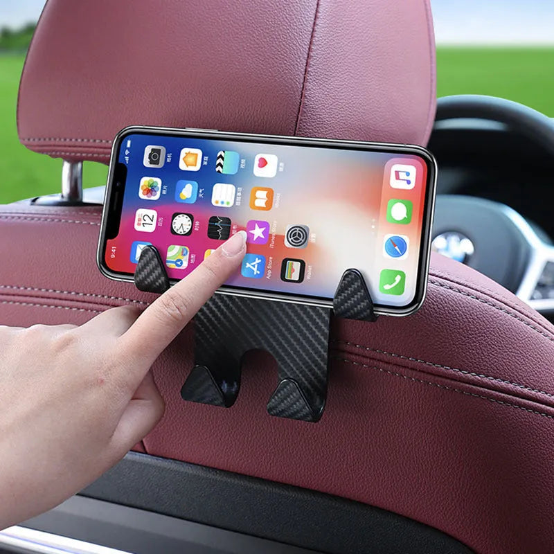 Black ABS car hook bracket with integrated mobile phone holder and storage hooks for rear seat organisation