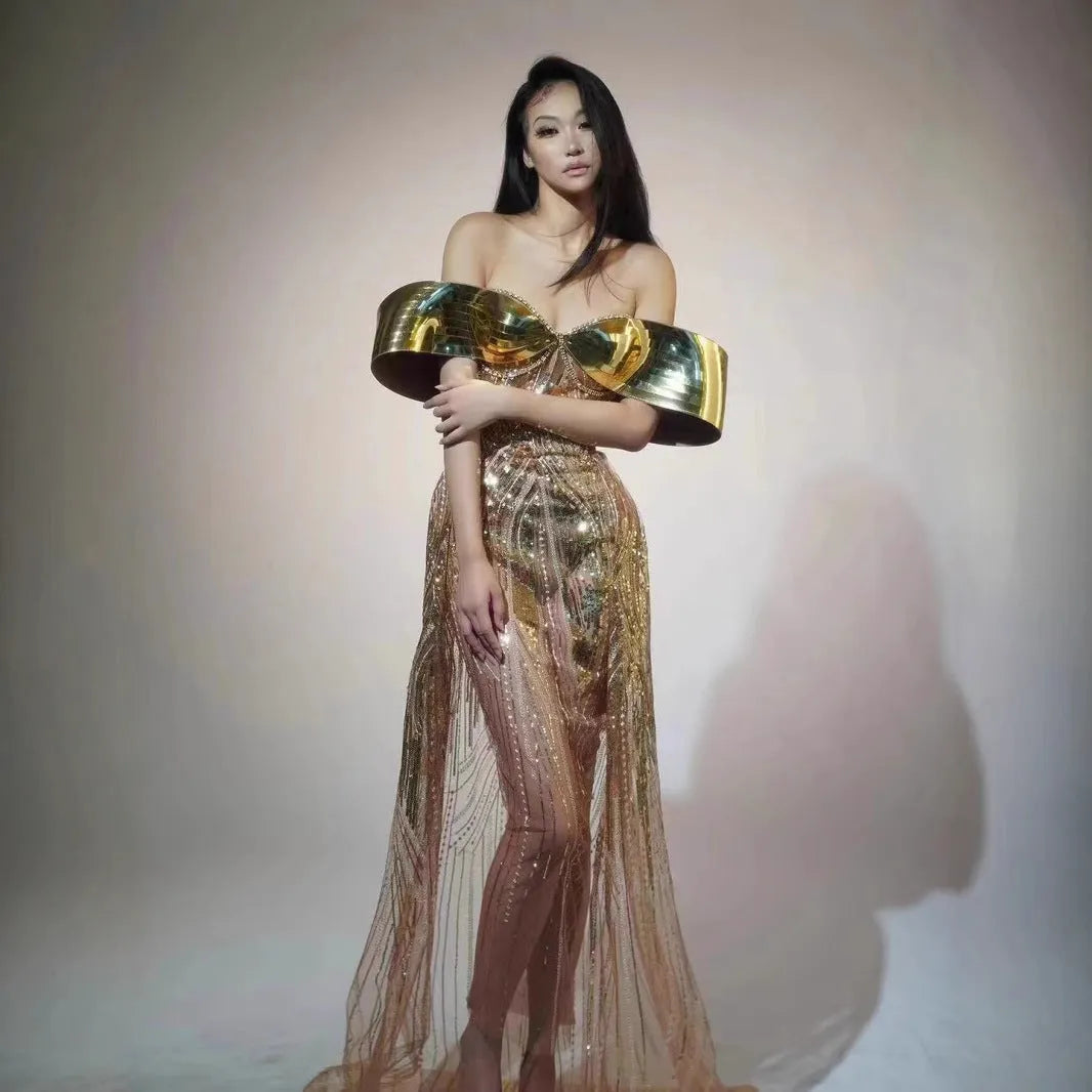 Gold strapless sequined tulle dress with thigh-high split and tube top for women's formal evening wear